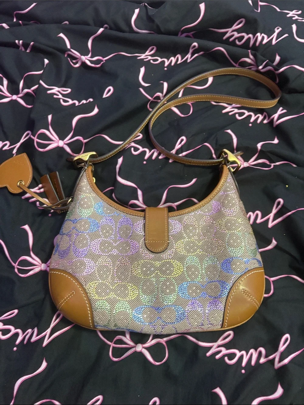 Coach Iridescent Signature Hobo with Brown Leather Trim